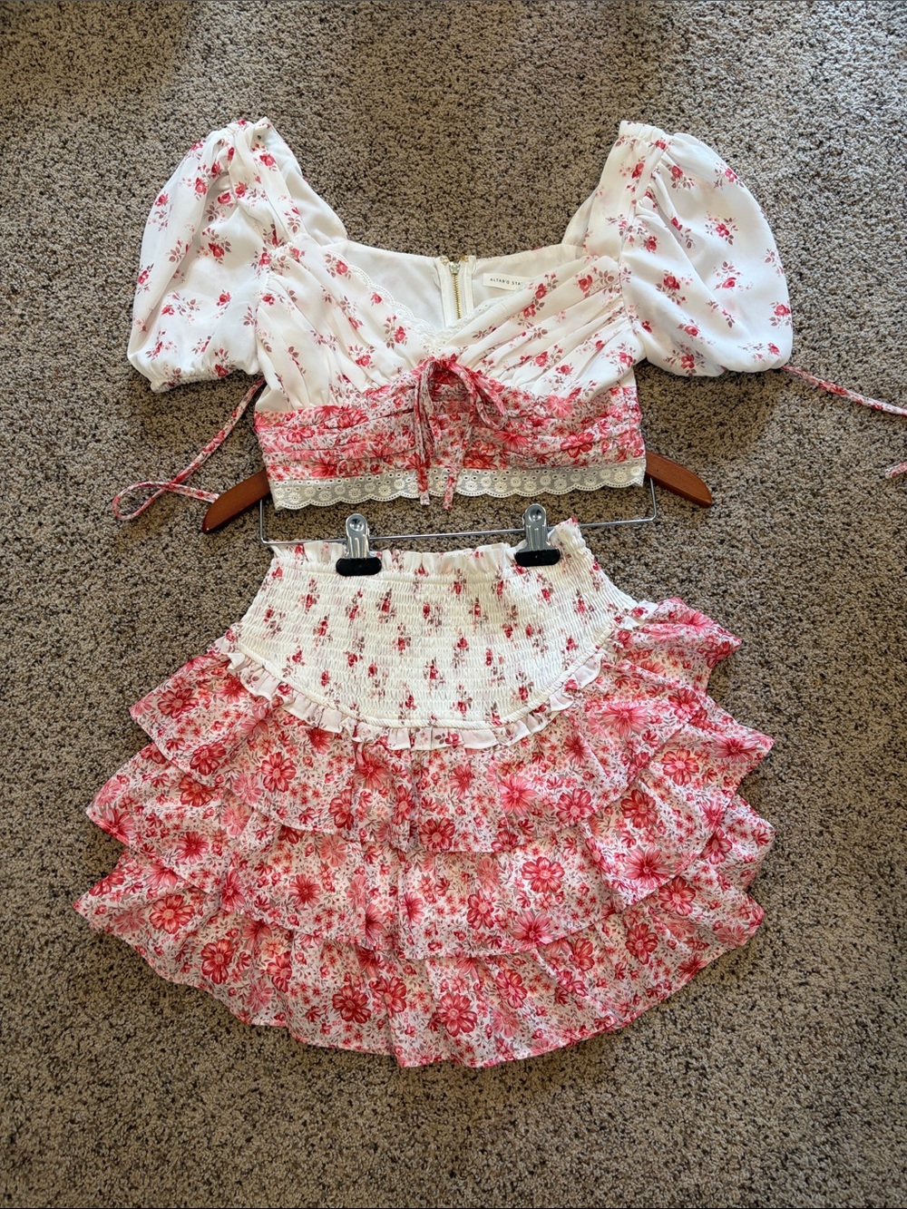 Altar'd State White and Pink Floral Two-Piece Crop Top and Ruffle Skirt